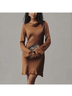 Anthropologie Viscose Brown Sateen Dress Mini Long Bell Sleeve XS Formal 1D